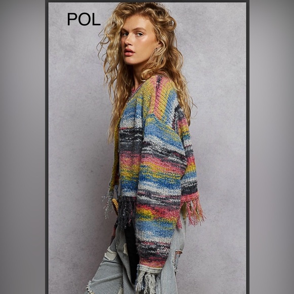 BO217-3💙💗POL perfect elevated Multicolored Abstract cardi w/on trend fringe! Wow - Picture 5 of 9